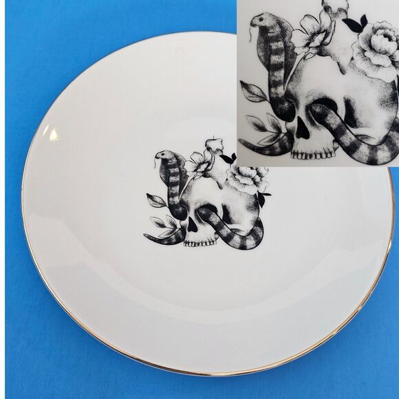 Halloween Skull Snake Plate Spooky Gold Black White Floral Goth Gothic Flower 6" - Picture 1 of 5